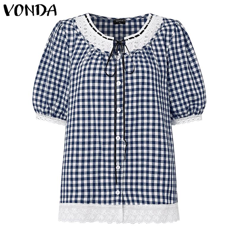 

VONDA Women Lace Patchwork Casual Short Sleeve Crochet Hem Plaid Blouse S