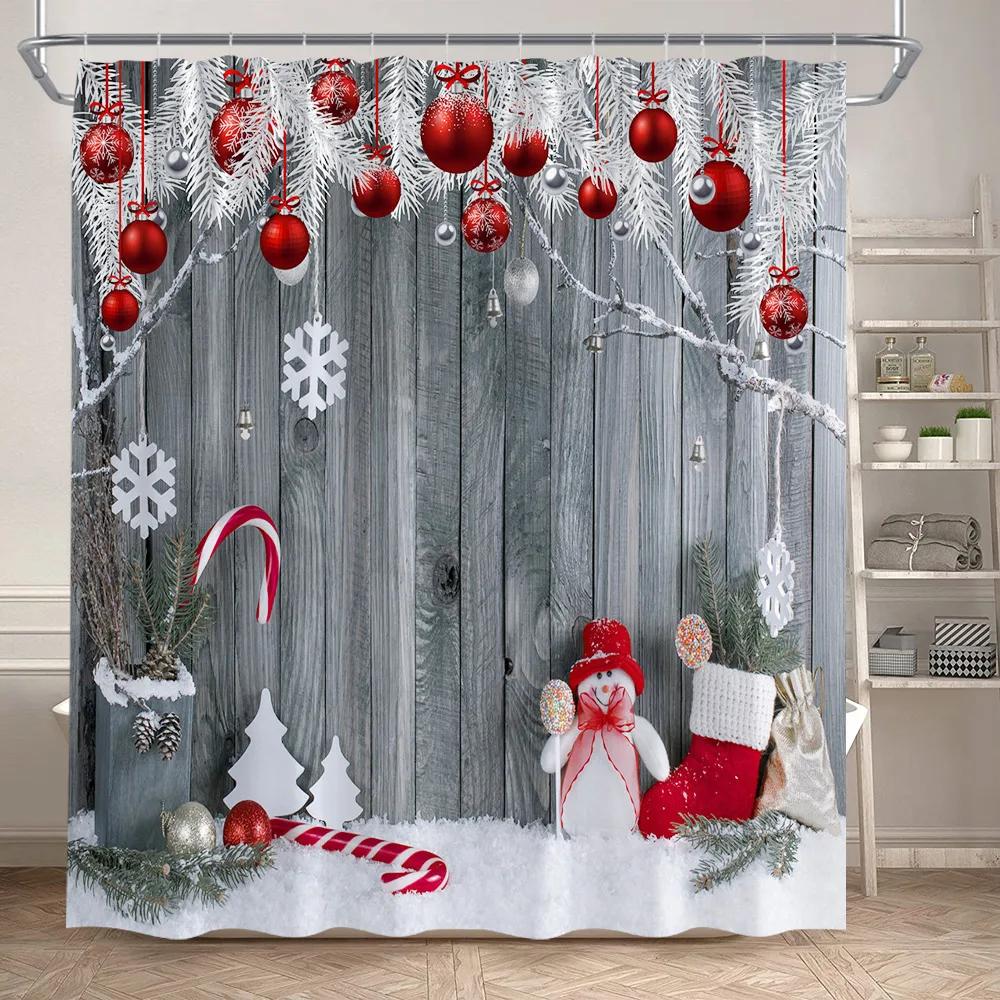 Red Christmas Shower Curtain Set Green Pine Branches Rope Ball Winter New Year Xmas Bathroom Decor Rug Bath Mat Toilet Lid Cover