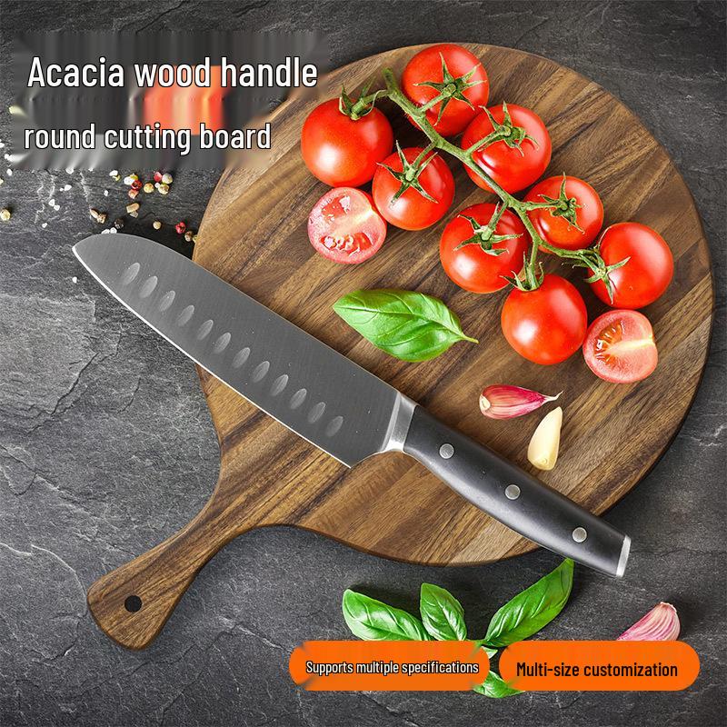 Acacia Wood Cutting Board with Handle - Hangable Chopping Board for Fruits & Steaks, Perfect for Kitchen or Photography Props.