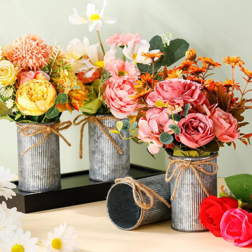 12pcs Petite Farmhouse Vase Decor Vintage Flower Vase with Twine Bow Rustic Galvanized Buckets for Artificial Flowers for Table Centerpiece Weddings
