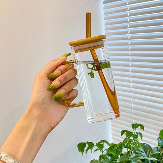 Square Glass Tumbler with Handle And Lid 380ml Transparent Coffee Cup Portable Tea Milk Jar for Hot Cold Drinks