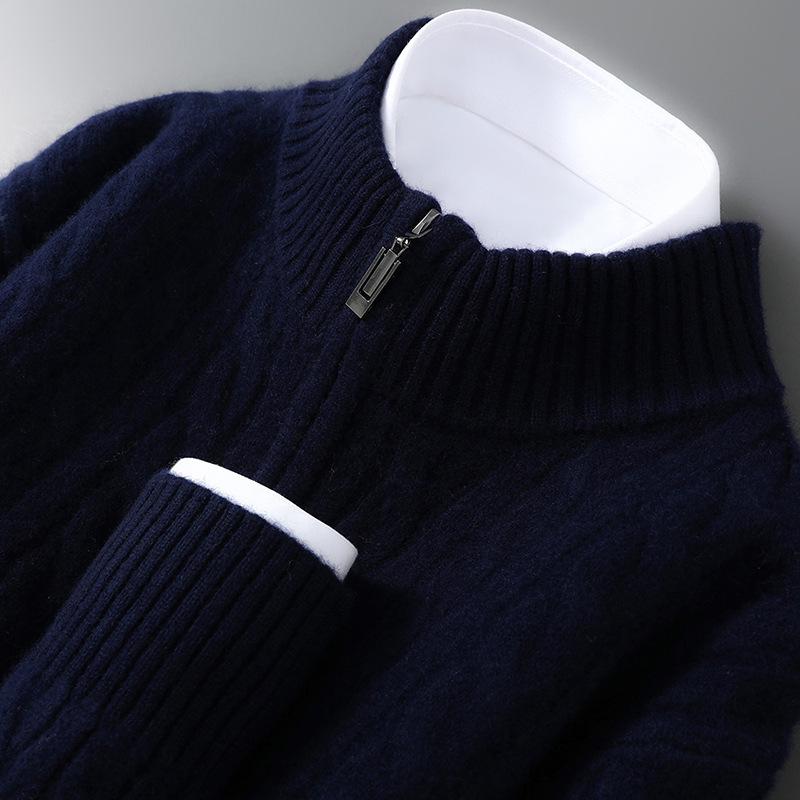 Men's Pure Wool Half-High Collar Cable Knit Zipper Sweater - Thick & Loose for Autumn/Winter
