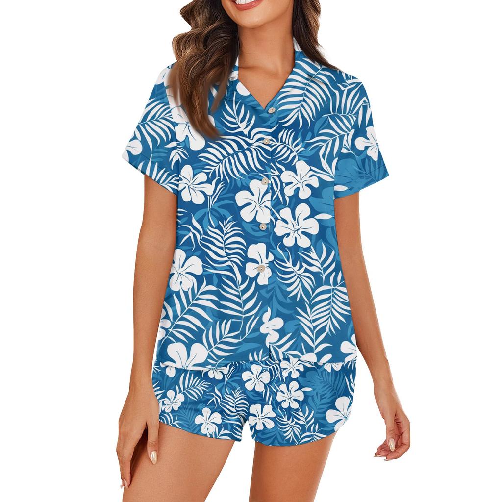 Women's Ice Silk Pajamas Button Homewear Hawaiian Print Short Sleeve Satin Pajama Set