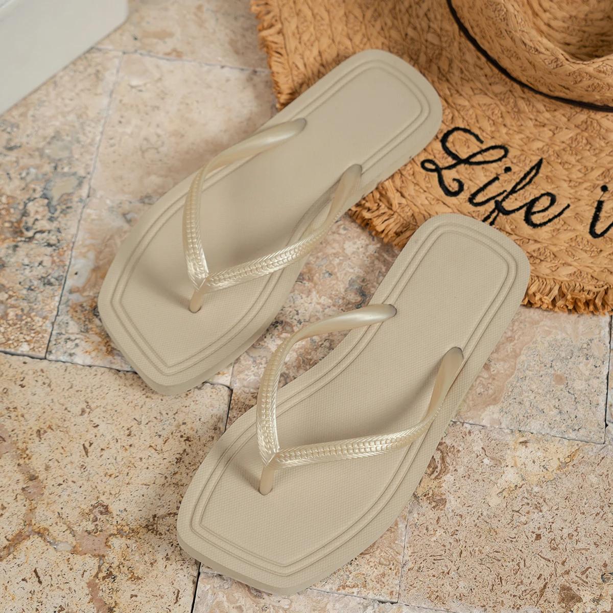 

Fashion Summer Women Flip Flops casual solid color comfortable non-slip lightweight indoor outdoor beach square head EVA flat sandals 36-37 хаки