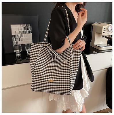 Schwarz-weiß karierte Canvas-Tasche große Kapazität Tragetasche Damen Lazy Wind Einkaufstasche leichte Umhängetasche große Tasche