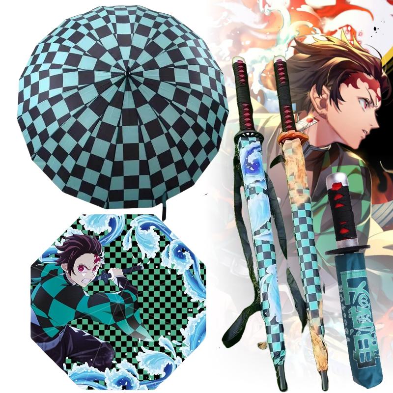 Long Kamado Tanjirou Katana Umbrella Handle UV Blocking Black Parasol Anime Demon Slayer Japanese Katana Sword Umbrella Raincoa
