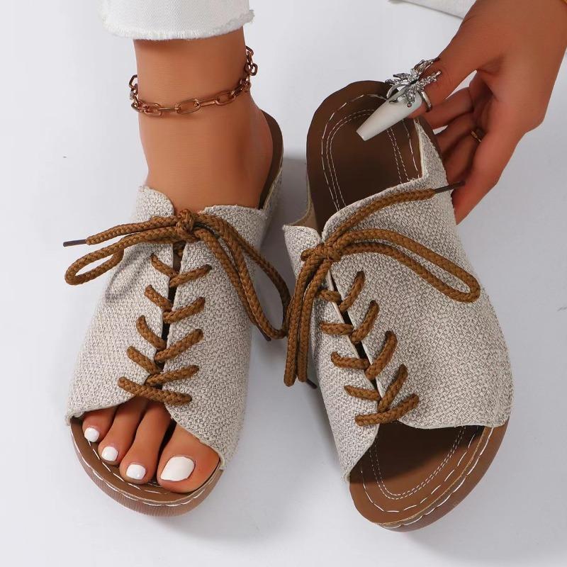 Slippers Women's New Roman Wedge Heel Platform Women's Sandals Bow Lace Decorative Shoes Foreign Trade Large Size Shoes