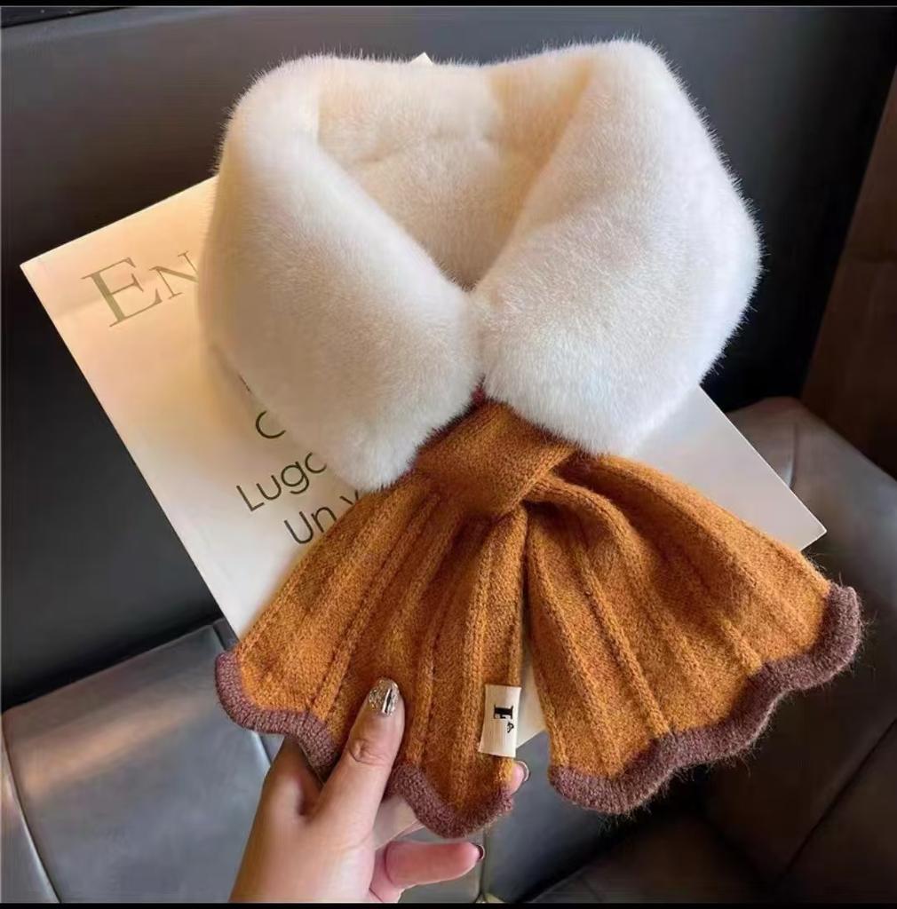 Knit Fishtail Plush Neck Warmer Women Autumn Winter Cross Faux Rabbit Fur Cute Versatile Student Premium Scarf