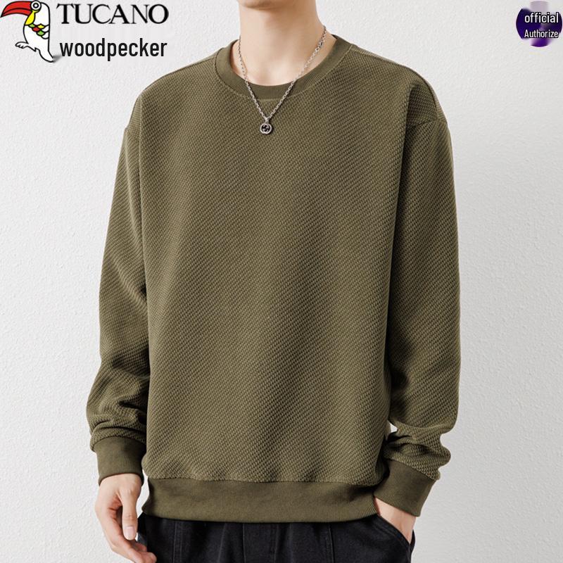 Woodpecker Men's Waffle Knit Long Sleeve T-Shirt - Round Neck, Thick Cotton, Versatile Casual Base Layer for Spring and Autumn