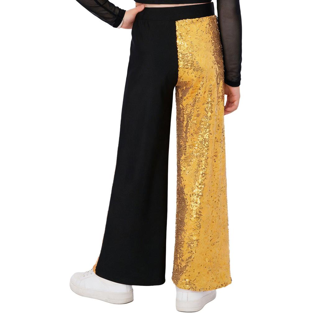 Girls Sequins Patchwork Pants Elastic Waist Color Block Dance Trousers Hip Hop Jazz Outfit