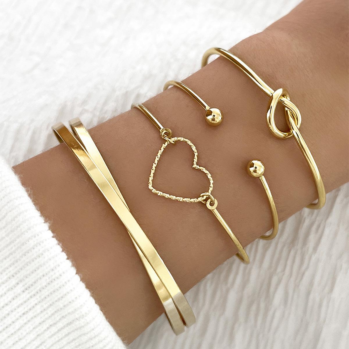 

European-American Alloy Heart Knot & Geometric Bangle Set – 4 Pieces