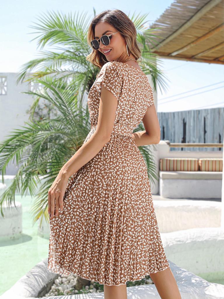 2023 Spring/Summer Women's Floral Tie-Up Dress with Pleated Skirt - European & American Style, Short-Sleeved, Casual