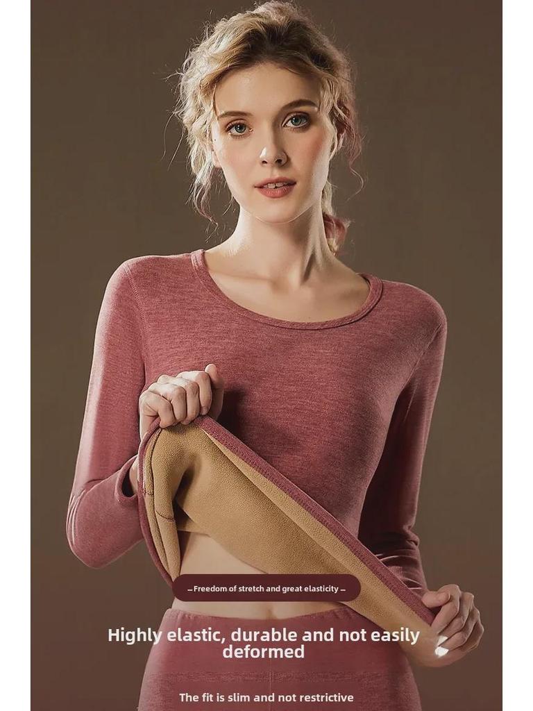Women's 700g German Wool Lambskin Thermal Underwear Set: Velvet-Lined Double-Sided Top and Bottom for Autumn/Winter.