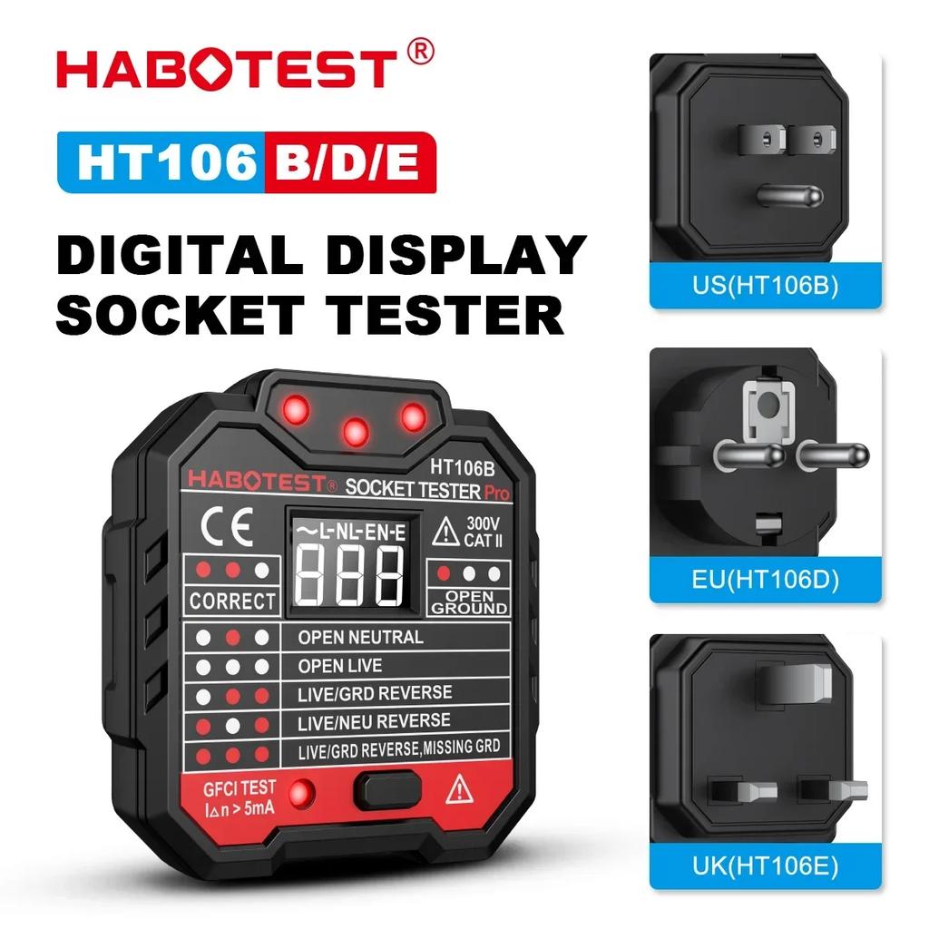 Habotest HT107 Lizdo testeris Pro Įtampos testas RCD 30mA Lizdo detektorius JK ES kištukas Žemės nulinė linija Kištukas Poliariteto fazės patikrinimas
