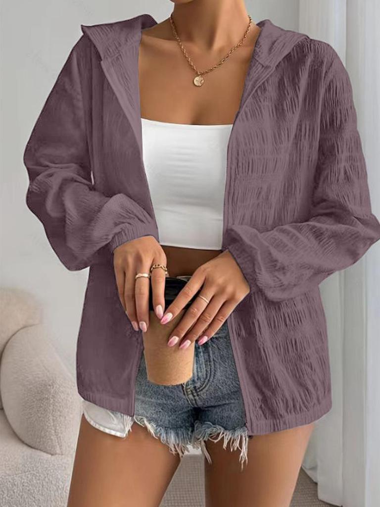 2025 Women's Solid Color Hooded Jacket – Casual Long Sleeve Zipper with Sun Protection