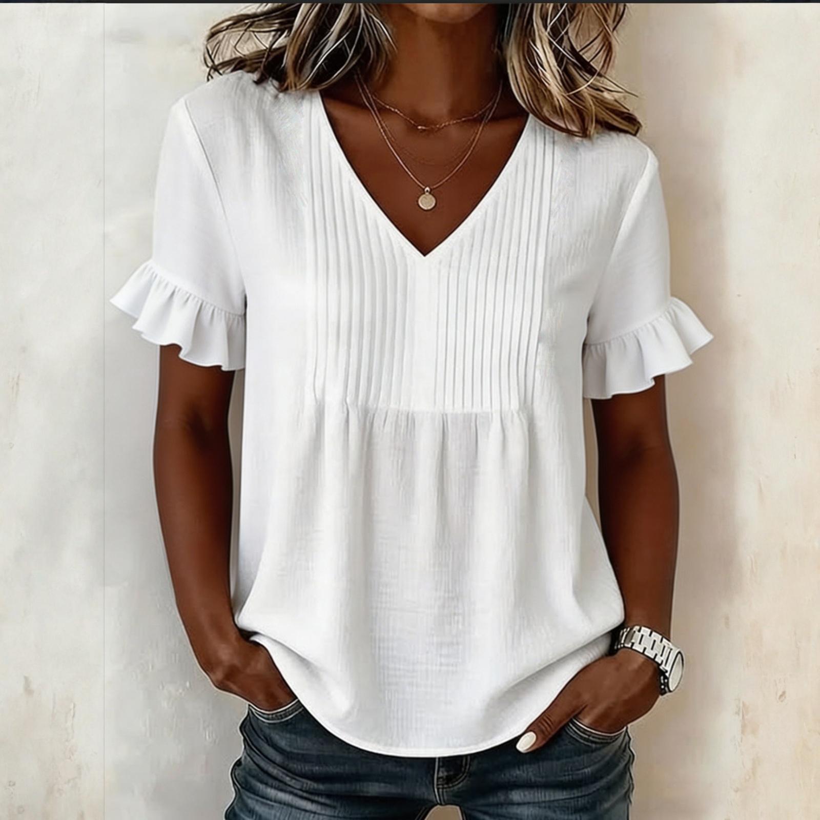 

Womens Spring Tops V Neck Ruffle Sleeve Summer Shirts for Women Casual Blouse Dressy Tops for Women Loose Fit XXL