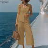 ZANZEA Women Sleeveless Vest Tops and Cropped Pants Summer Two Piece Suit Sets