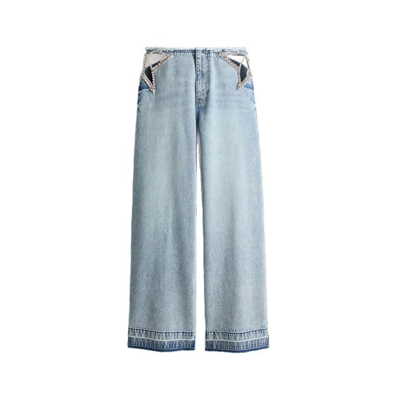 Y2K Streetwear Low-Rise Straight Leg Jeans With Rhinestone Star Cutouts Womens Distressed Denim Pant