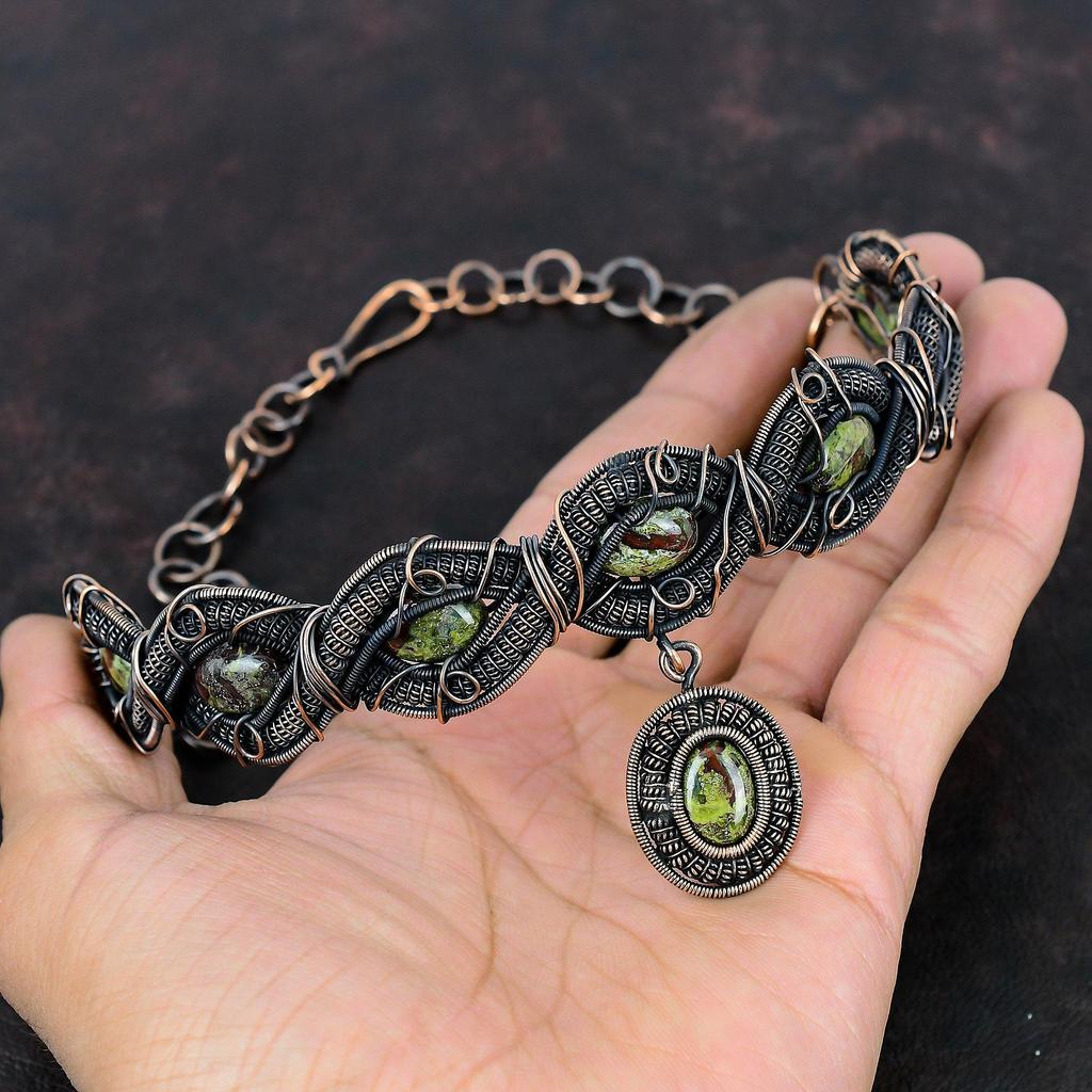 Dragon Bloodstone Necklace Copper Wire Wrapped Necklace Adjustable Chain Necklace Gemstone Copper Wire Jewelry Handmade Necklace For Gifts