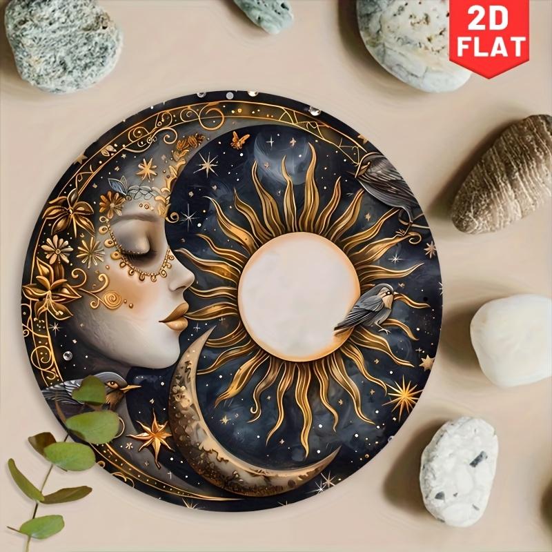Bohemian Himmels Sonne und Mond Göttin mit Vögeln Rundes Metallschild D Flach Gedruckt Gold und Schwarz Mystische Kunst Blechschild Wit