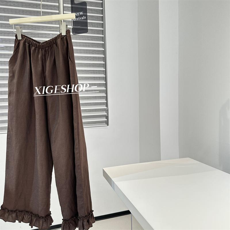 

Relaxed Linen Tencel Lace Pants for Women in Spring and Summer Thin Breathable Loose Straight Leg Fungus Hem M коричневый