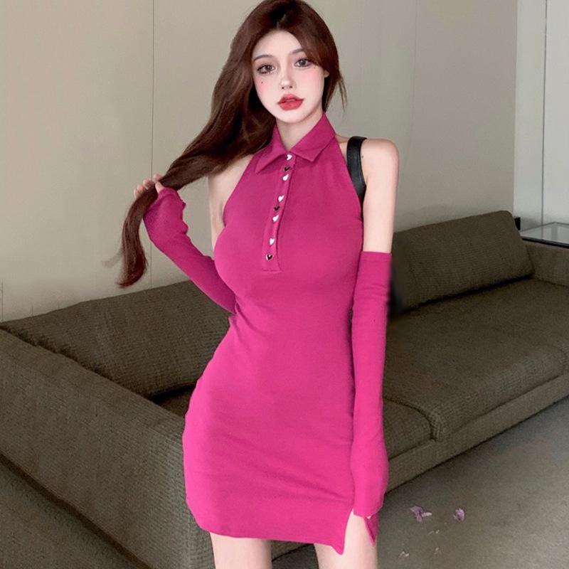 

Женское платье с лямкой на шее, облегающее, с разрезом, облегающее бедра, с рукавами One Size