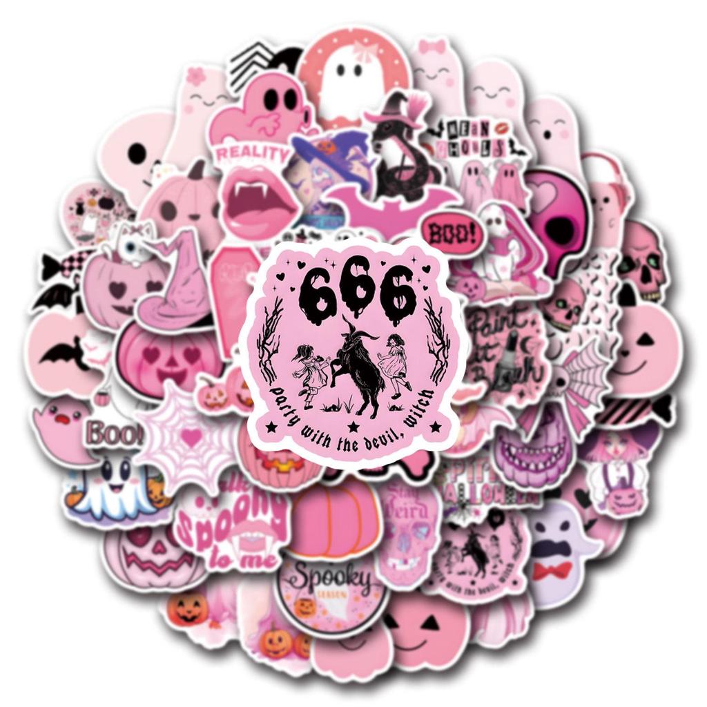 60-Piece Pink Halloween Waterproof Sticker Set for Planners, Water Bottles, and Computers