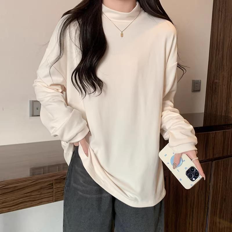 

Dralon Harajuku Женская повседневная футболка с длинными рукавами, однотонная, с полувысоким воротом, свободная рубашка, теплая базовая футболка с длинными рукавами XXXL абрикосовый