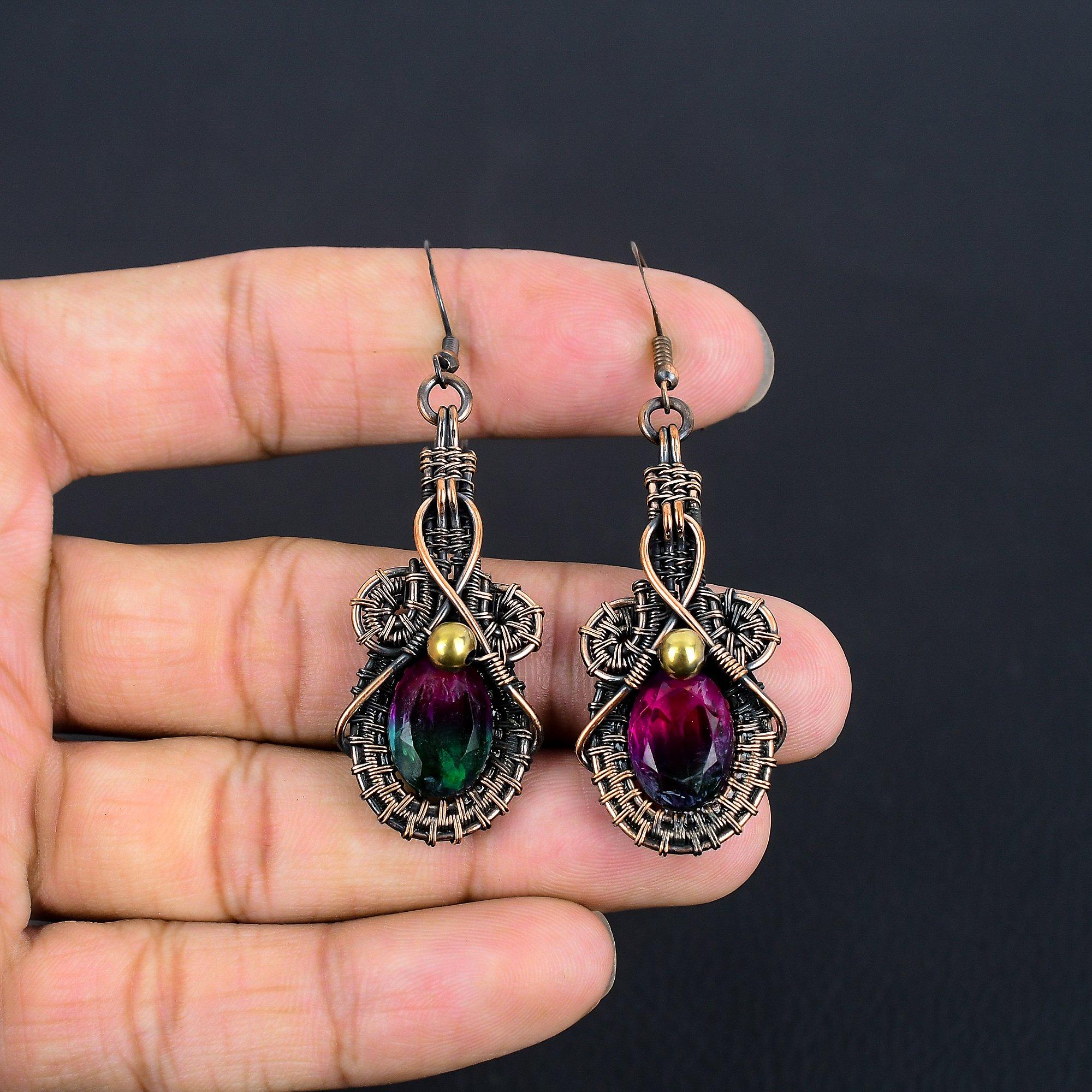 

Bi-Color Tourmaline Earrings Jewelry, 999 Copper Wire Wrapped Gemstone Earrings Handmade Jewelry, For Memorial Day 1.77 Inches