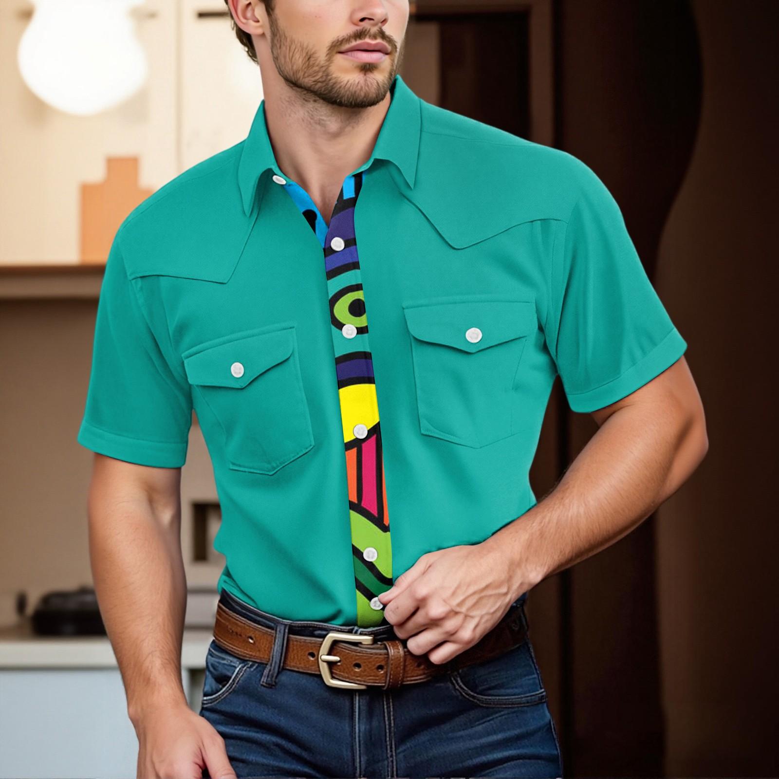 

Мужской модный топ кэжуал с короткими рукавами, лацканами и длиной до плеч L зелёный