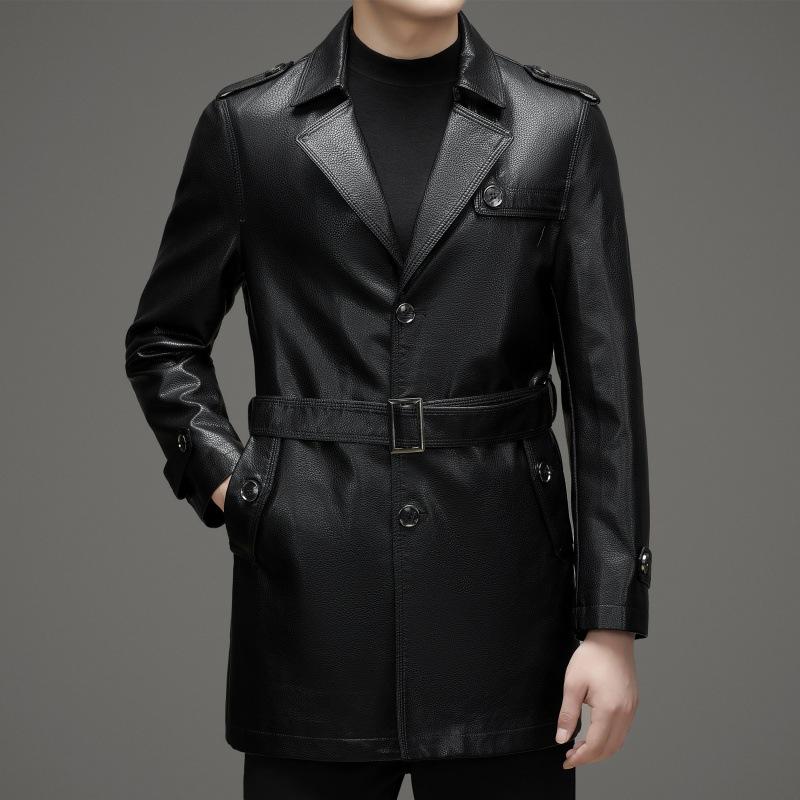Spring and Autumn Genuine Leather Jacket Men's Medium-Length Coat Thin First-layer Cowhide Suit Leather Windbreaker Plus Velvet Thickening