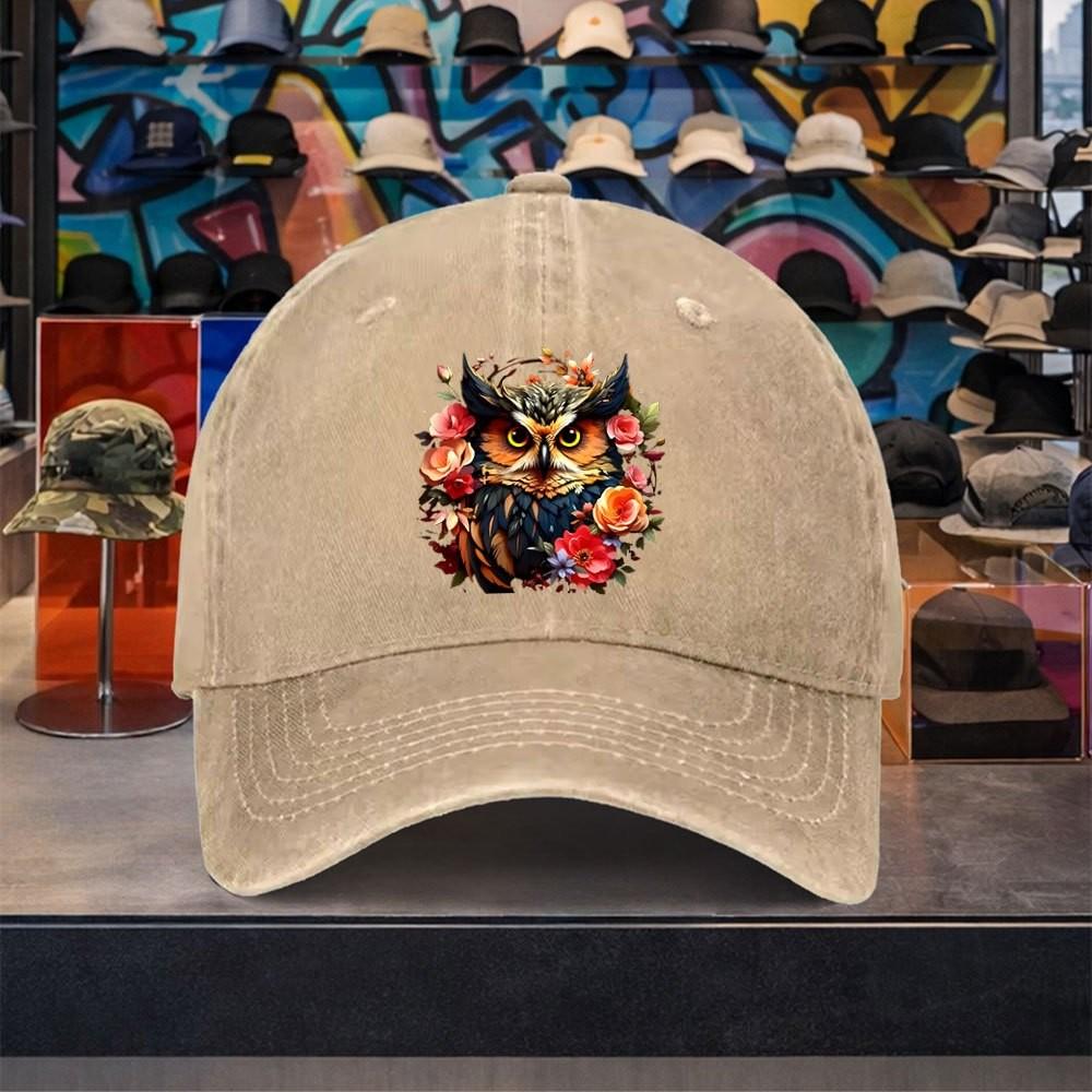 Owl Floral Print Washed Cotton Baseball Cap Adjustable Unisex Vintage Casual Outdoor Hat