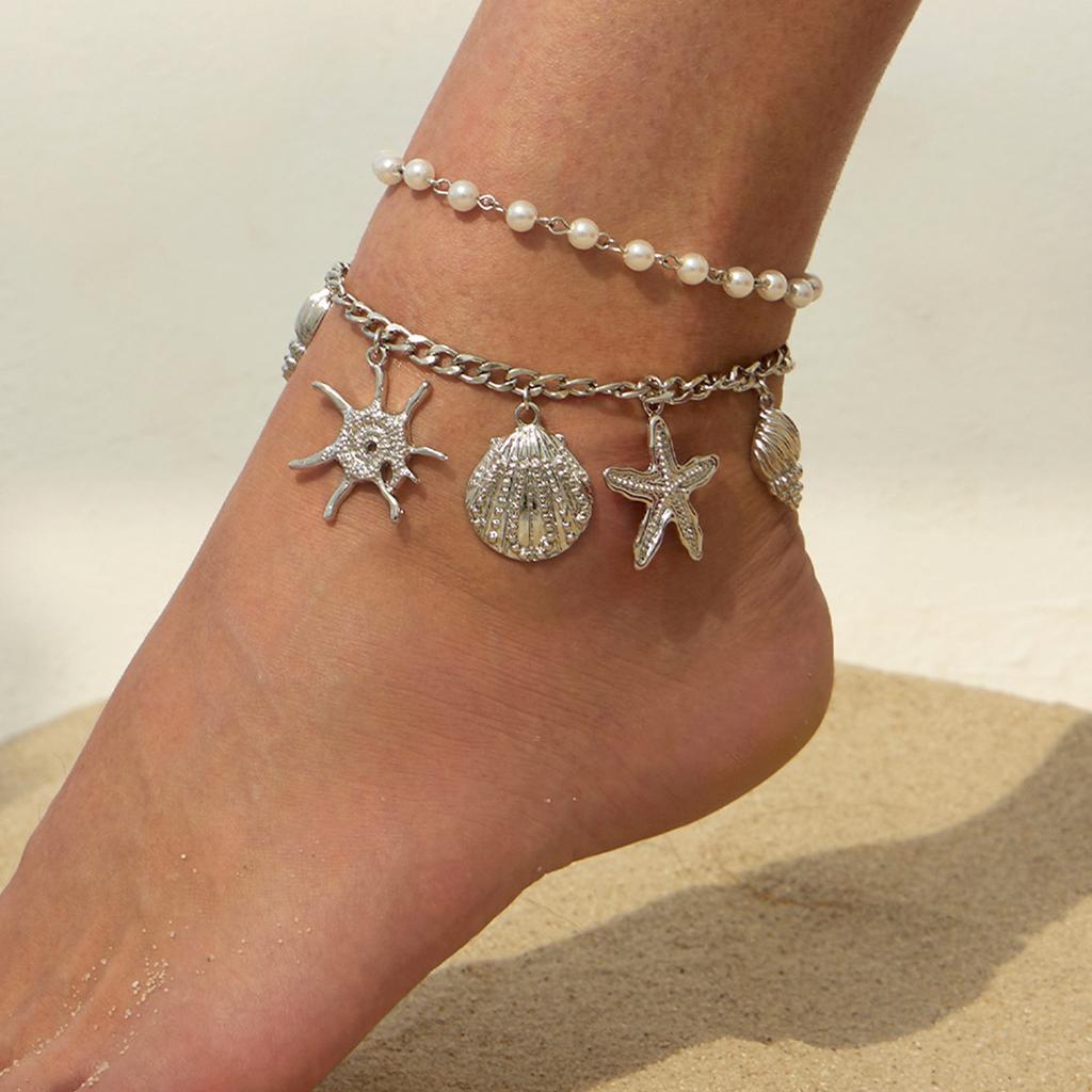 Beach Resort Style Starfish Scallop Shell Anklet, Simple Imitation Pearl Chain Rice Bead Foot Decoration For Women