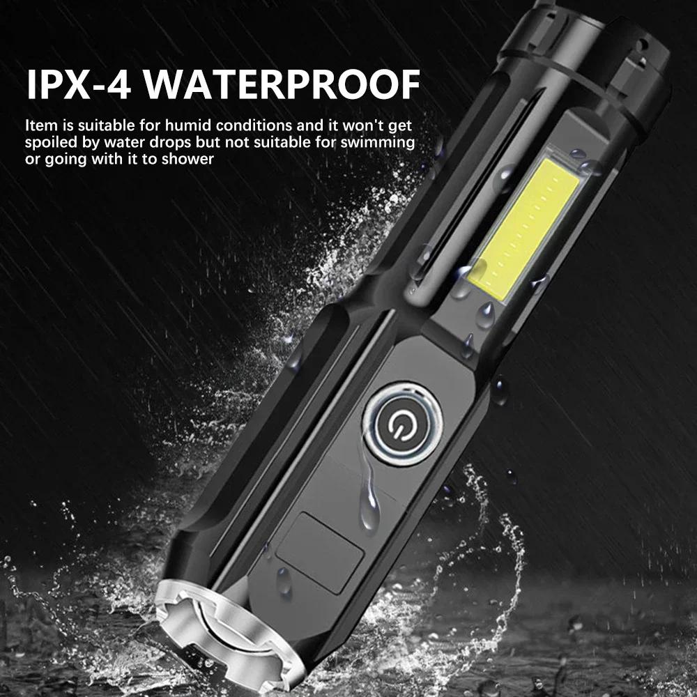 High Power Led Flashlight Super Bright Rechargeable Zoom Torch with COB Side Lights Outdoor Camping Night Fishing Lantern