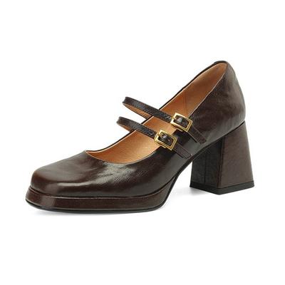 Sheepskin Square Toe Chunky Heels Autumn Summer Shoes Buckle Straps Women Metal Decoration British School Platform Pumps
