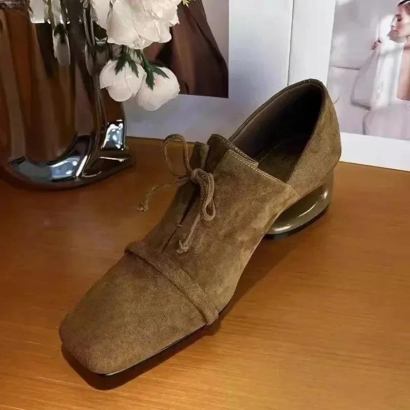 Suede Square Toe Mid Heels Shoes Women Desigenr Chunky Loafers Shoes Trend Fashion Elegant Pumps Dress New Mujer De Zapatillas