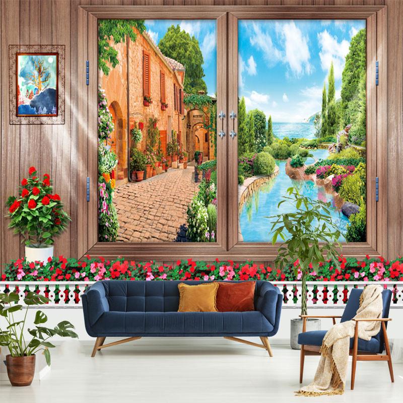 Simulation window tapestry forest mushroom tapestry scenery wall hanging flower mural art bedroom home decoration