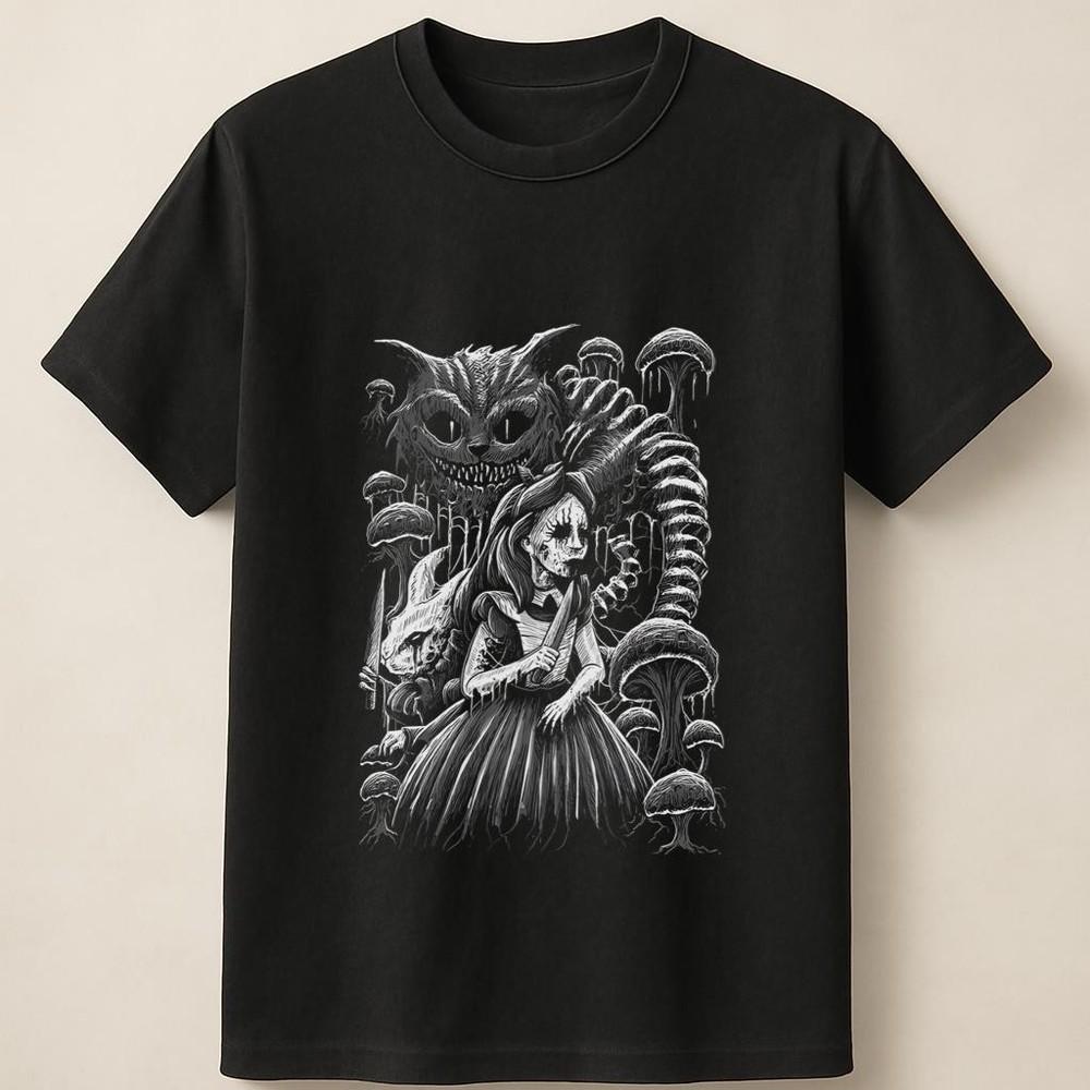 Готическая Алиса в Стране чудес Жуткий Кот Хоррор Чернильная графика Унисекс Футболка Унисекс Футболка XL