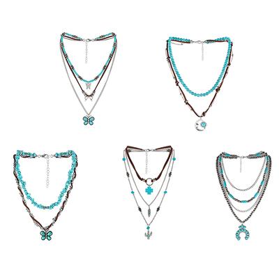 Summer Bead Multilayer Turquoise Necklace Ethnic Style Cactus Beach Choker Pendant Retro Western Country Necklace Gift