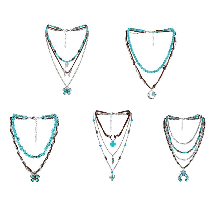 Sommer Perlen Mehrschichtig Türkis Halskette Ethnischer Stil Kaktus Strand Choker Anhänger Retro Westlich Land Halskette Geschenk
