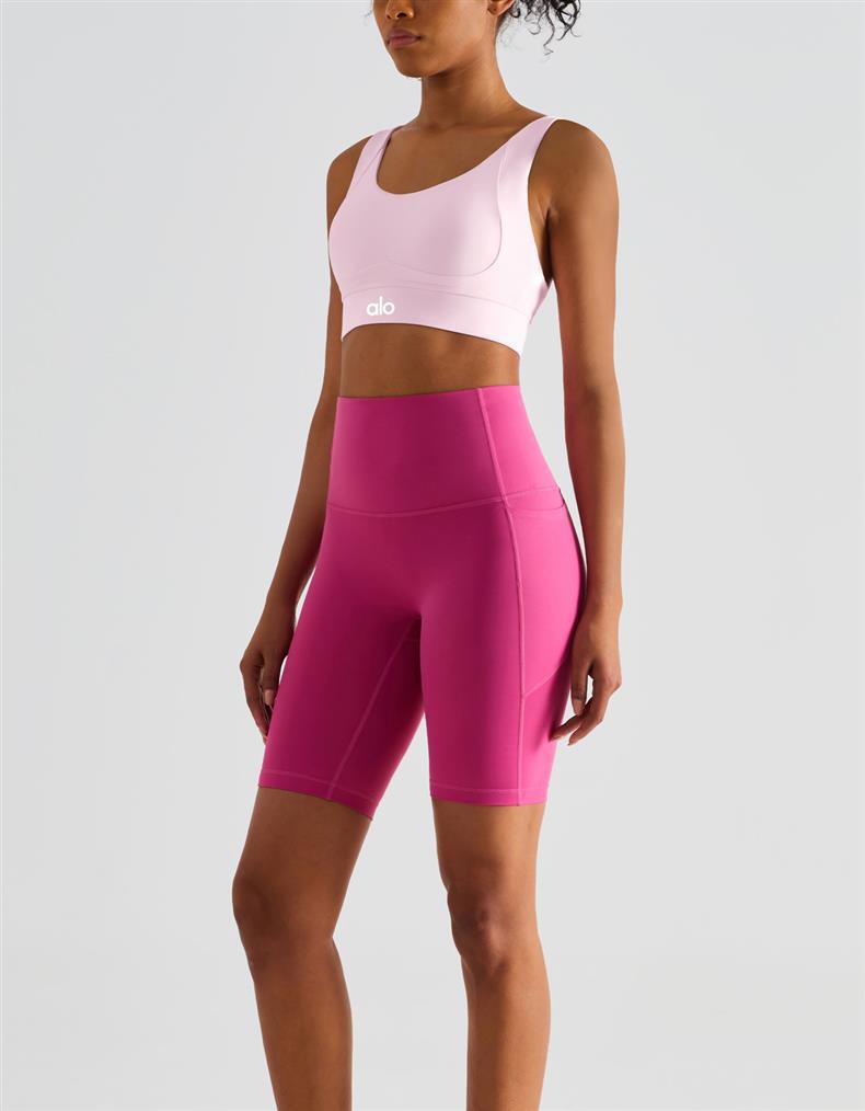 Pantaloncini da Yoga a Vita Alta Color Pesca con Tasche – Senza Cuciture, Vestibilità Comoda per Donna
