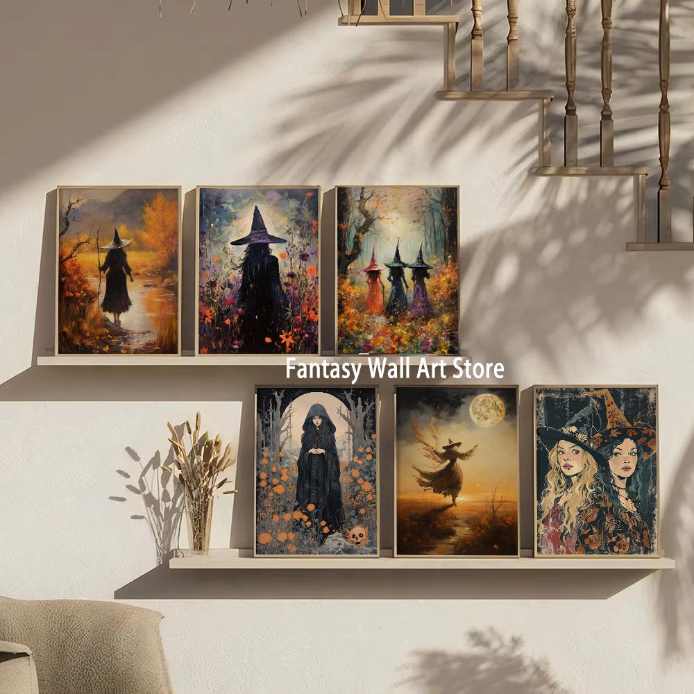 Witch Magical Art Print Witch with Full Moon Wall Decor Darkness Witches Painting Wall Decor Canvas Poster Dark Romantic Decor