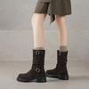 Krazing Pot Fashion Cow Suede Nubuck Winter Round Toe Modern Boots Med Heels Slip on Pleated Style Metal Buckle Mid-calf Boots