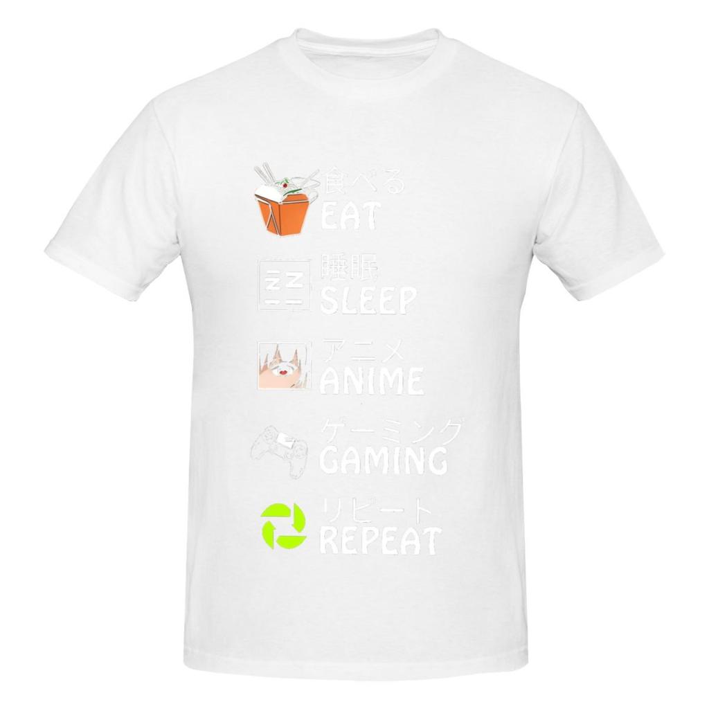 Unisex Eat Sleep Anime Gaming Repeat Funny T Shirt Vintage Cotton Crewneck Tshirts