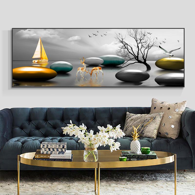 Abstract Golden Lucky Stone Posters and Prints Modern Canvas Painting Wall Art Pictures for Living Room Deer Home Decor No Frame