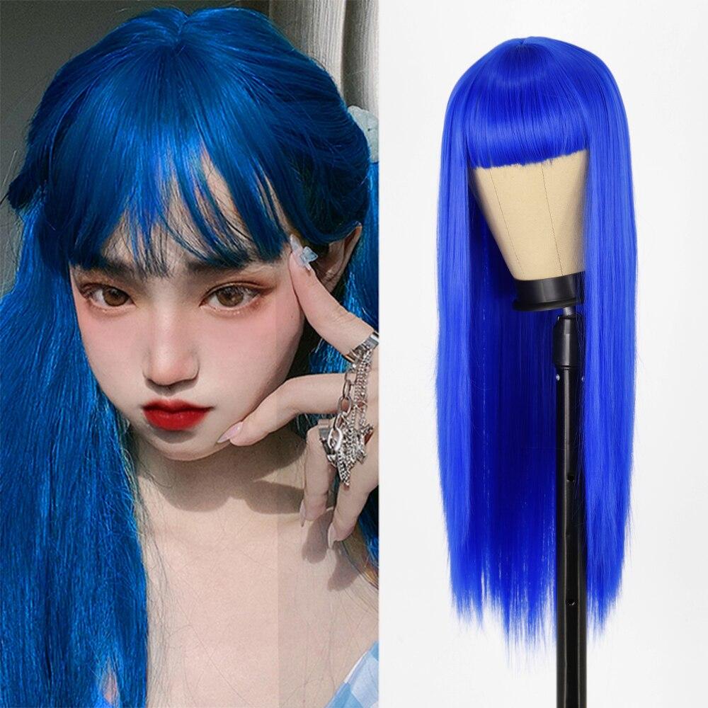 MERISIHAIR Long Straight Black Wig with Bangs Synthetic Hair Wigs Bang with Wig for Women Wine Red Gold Heat Resistant Wigs