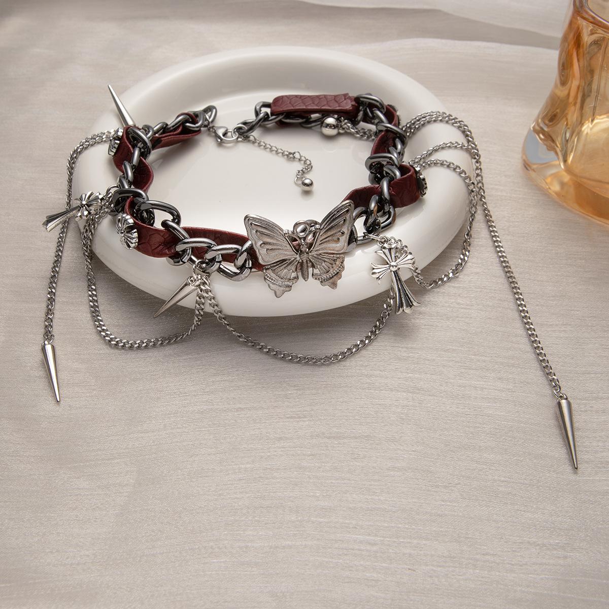 Subculture Hottie Collar Sweet Cool Metal Butterfly Leather Collarbone Chain Punk Niche Winding Rivet Tassel Necklace
