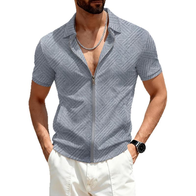 New Men's Clothing, Large Size Men's Solid Color Jacquard Lapel Casual Outdoor Zip-up Short-sleeve Jacket