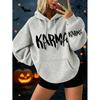 Oversized street-style hooded sweatshirt for Halloween with Karma print. Suitable for autumn and winter casual wear for ladies.