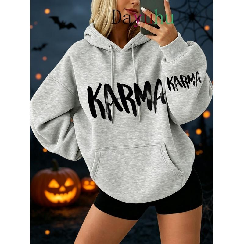 Oversized street-style hooded sweatshirt for Halloween with Karma print. Suitable for autumn and winter casual wear for ladies.